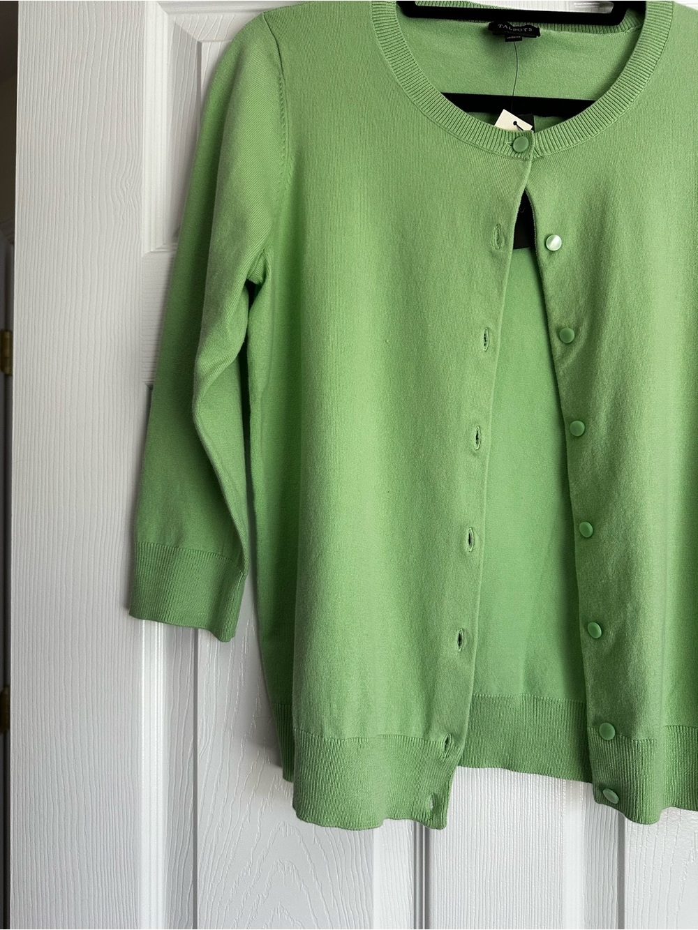 Talbots Green Button-Front Pima Cotton Crewneck Cardigan - Picture 2 of 4